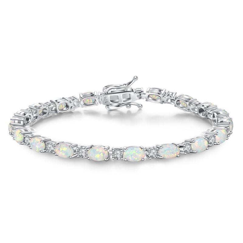 FANCIME Sterling Silver Fire Opal Tennis Bracelet October Birthstone Bracelets Oval Gemstone Dainty Fine Jewelry for Women 7" - Image 1